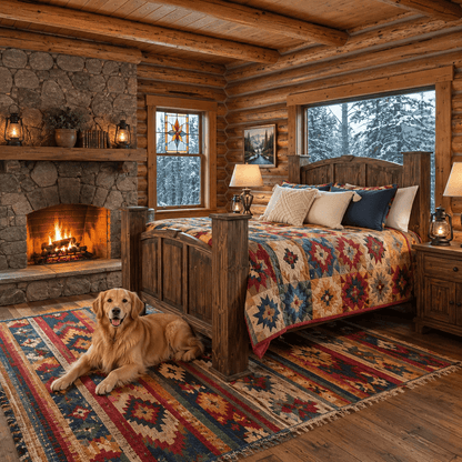 A rustic log cabin bedroom with a wooden bed dressed in a colorful patchwork quilt, a golden retriever lying on a patterned rug near a stone fireplace, and large windows showing snowy trees outside.