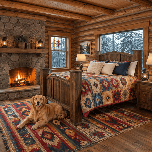 A rustic log cabin bedroom with a wooden bed dressed in a colorful patchwork quilt, a golden retriever lying on a patterned rug near a stone fireplace, and large windows showing snowy trees outside.