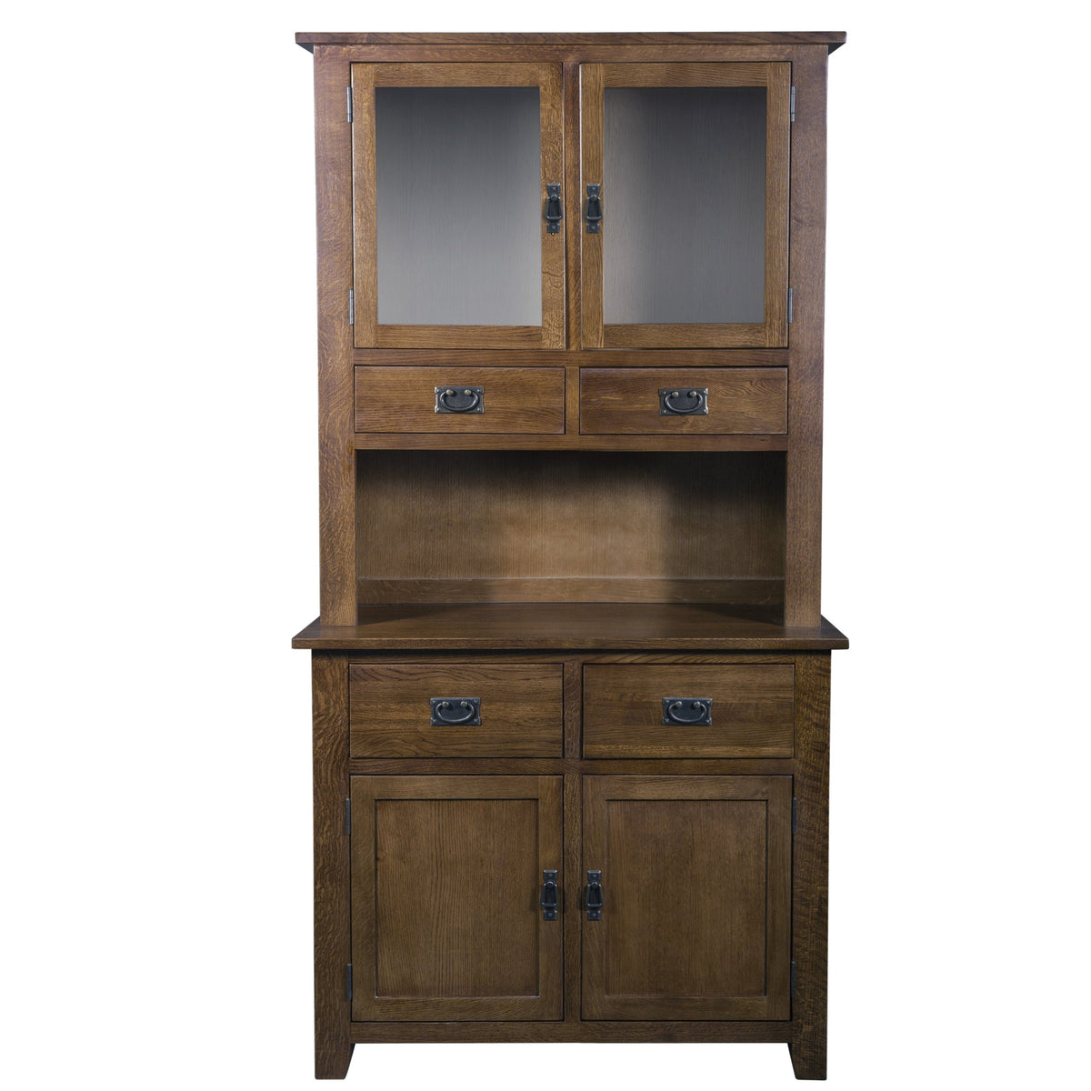 A rustic brown wooden hutch cabinet with two upper glass-front doors, two middle drawers, an open shelf, and two lower cabinet doors with dark metal hardware, shown against a plain white background.