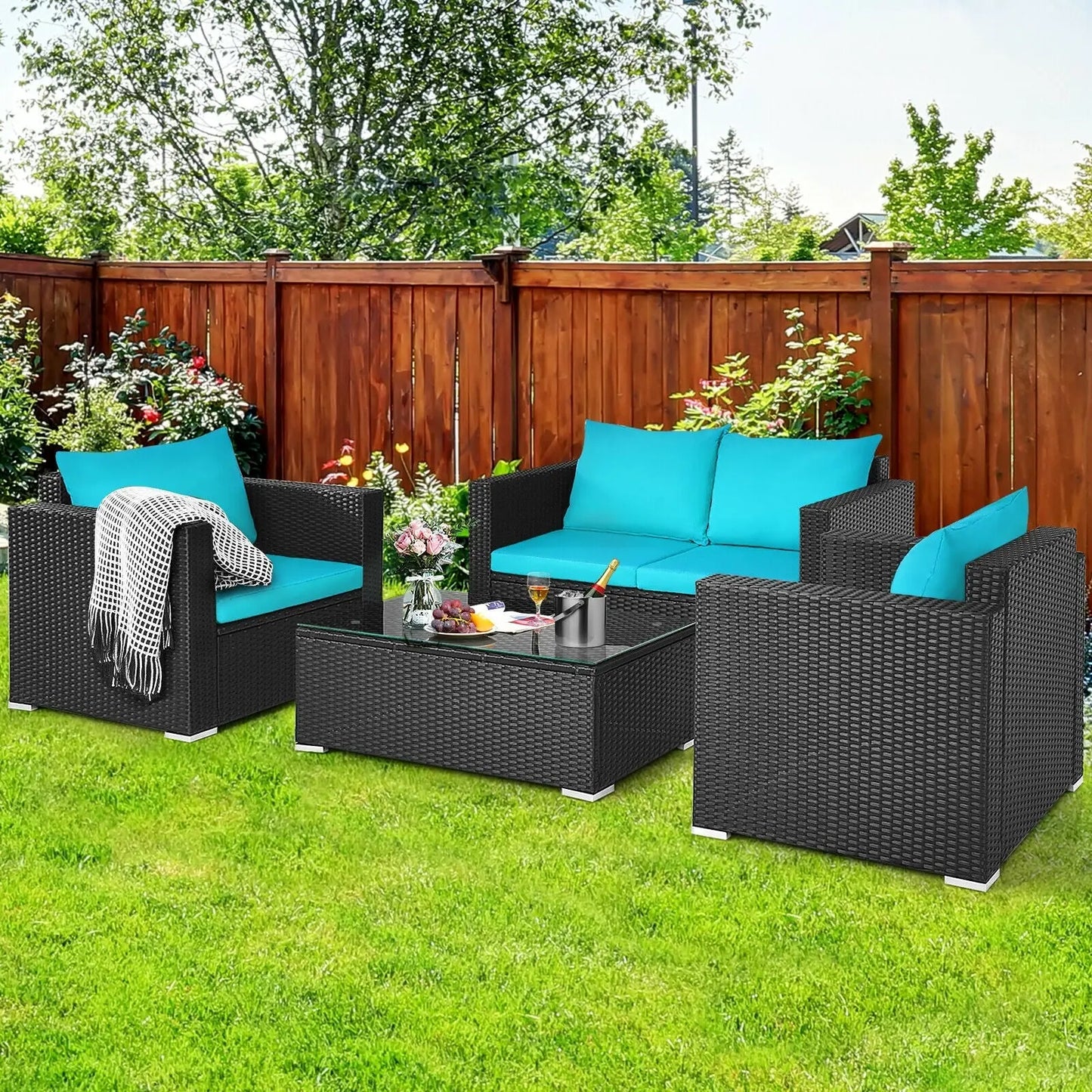 "The Oasis" - 4-Piece All-Weather Rattan Patio Conversation Set | Turquoise DirectDeals