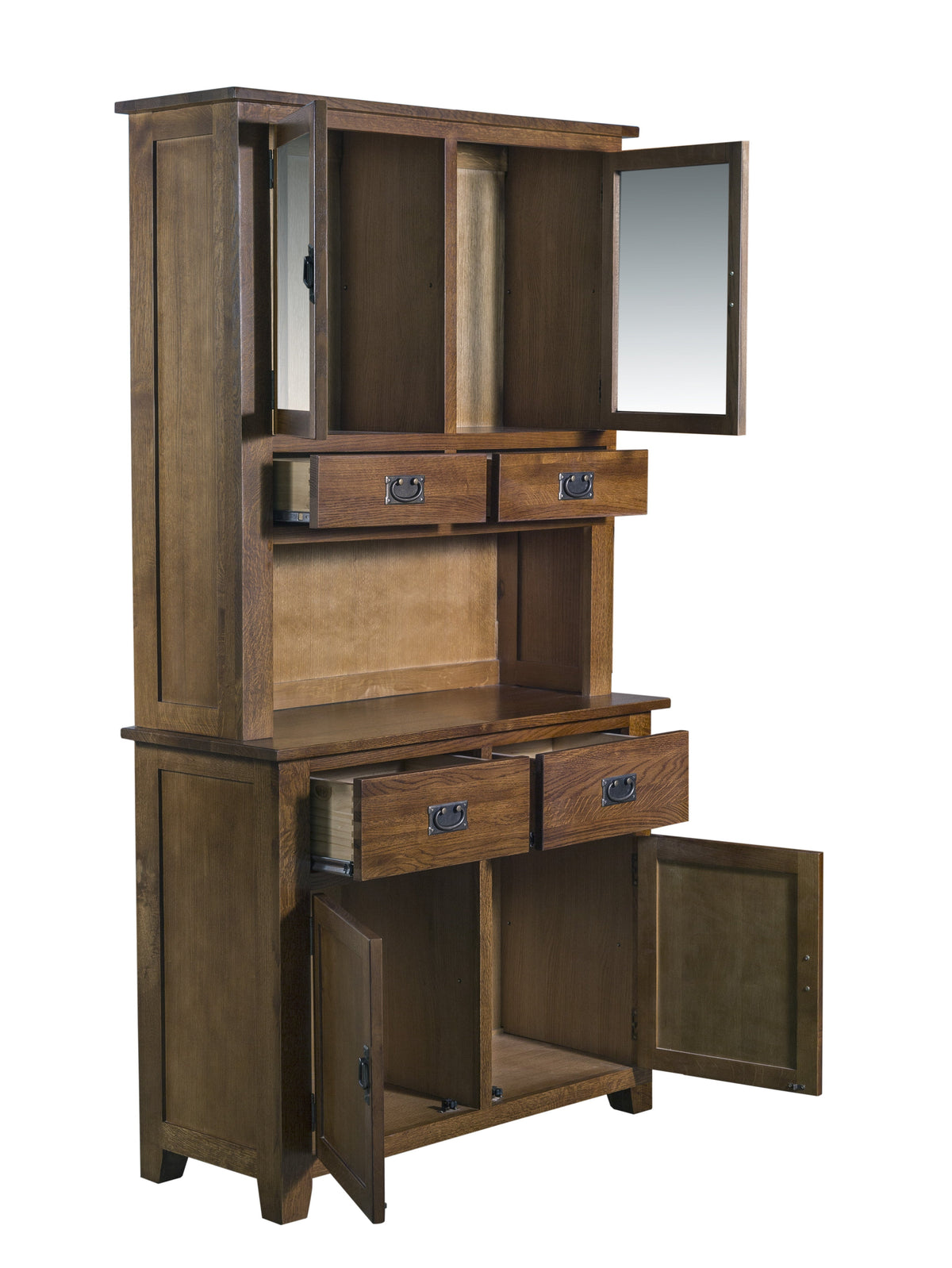 A tall rustic wooden hutch cabinet with a warm medium-brown finish, featuring two upper cabinet sections with mirrored doors, two drawers with metal handles, an open lower drawer, and an open lower cabinet door, shown on a plain white background.