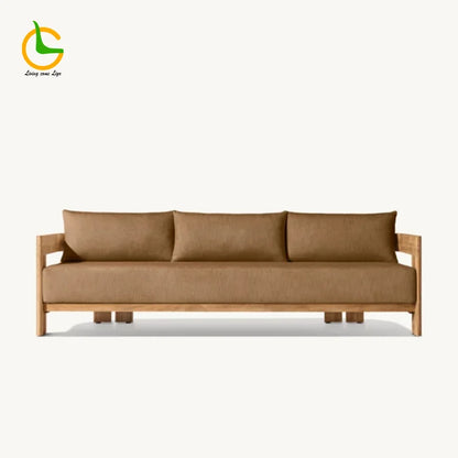Brown sofa with wooden frame on a white background