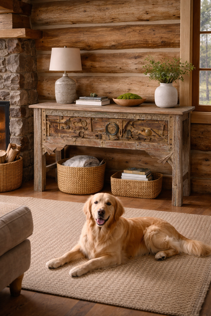 Dog lying on a rug in a cozy living room with wooden furniture and decor.