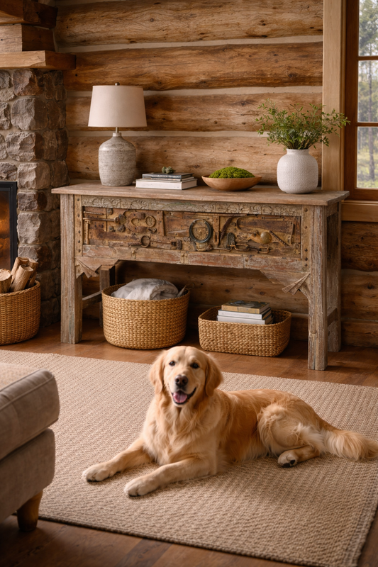Dog lying on a rug in a cozy living room with wooden furniture and decor.