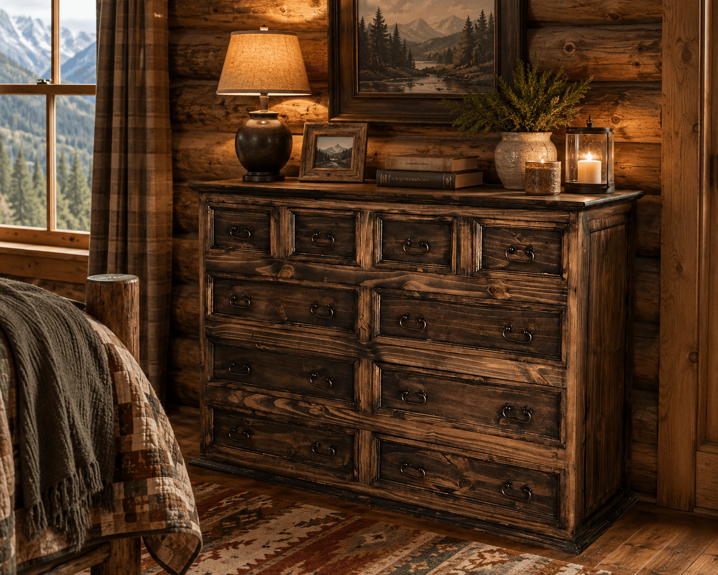 A rustic dark brown wooden dresser with multiple drawers, styled in a cabin bedroom setting with a mountain view window, lamp, and framed landscape art.