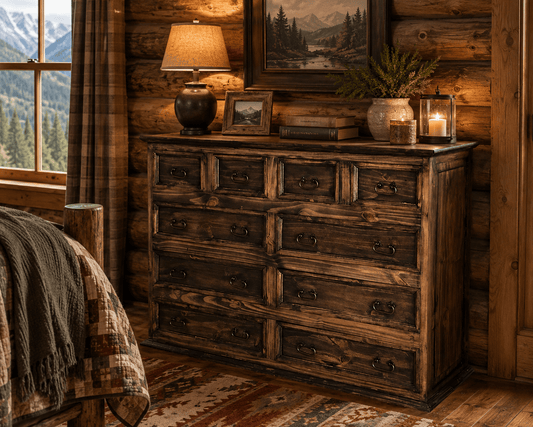 A rustic dark brown wooden dresser with multiple drawers, styled in a cabin bedroom setting with a mountain view window, lamp, and framed landscape art.