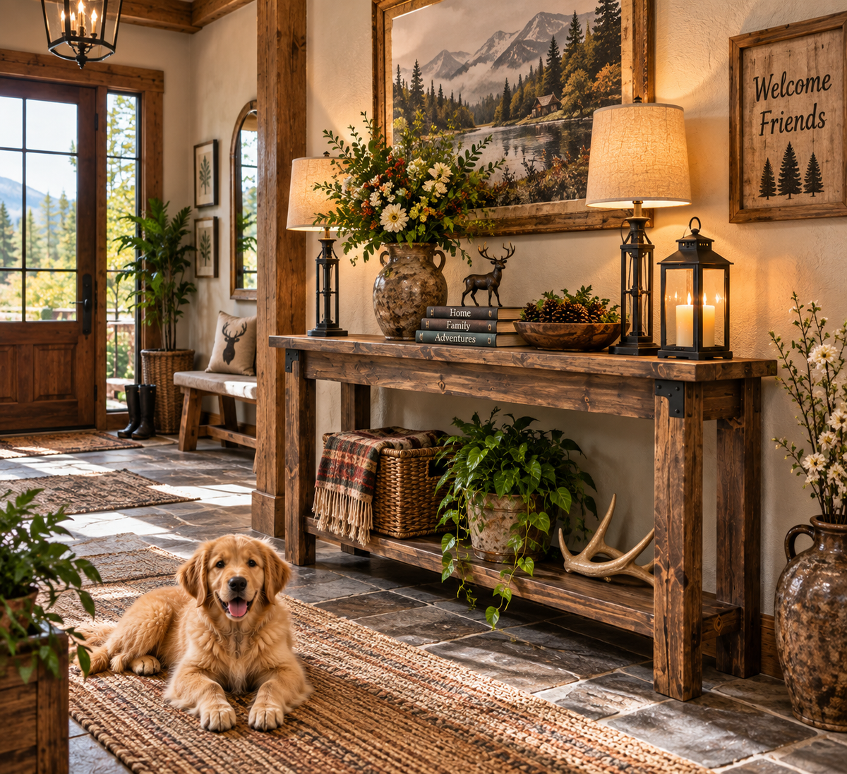 Rustic wood console table in a cozy cabin entryway with mountain wall art, lanterns, greenery, woven rug, and a Golden Retriever puppy.