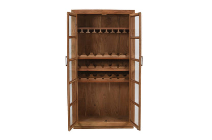 A tall wooden wine cabinet with two glass-paneled doors swung open, showing multiple interior shelves for wine bottles, photographed on a plain white background.