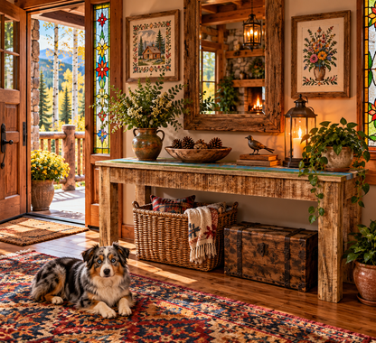 Rustic reclaimed wood console table in a cozy cabin entryway with stained glass windows, colorful rug, cross-stitch wall art, forest views, and a blue merle Australian Shepherd.
