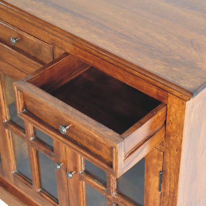 Wooden cabinet with glass doors and drawers
