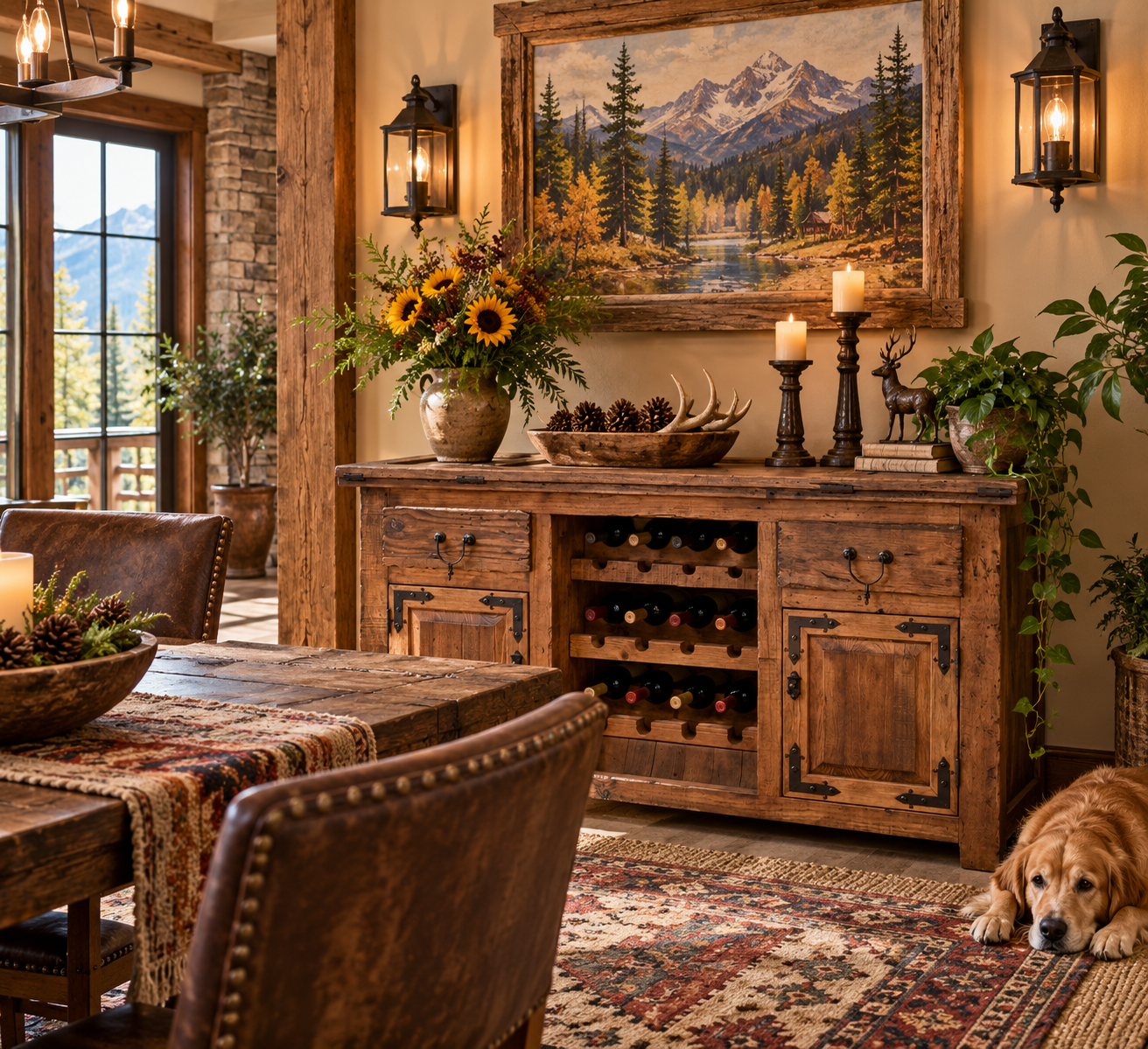 Rustic wood wine cabinet in a cozy cabin dining room with mountain wall art, leather chairs, colorful rug, greenery, and a Golden Retriever.