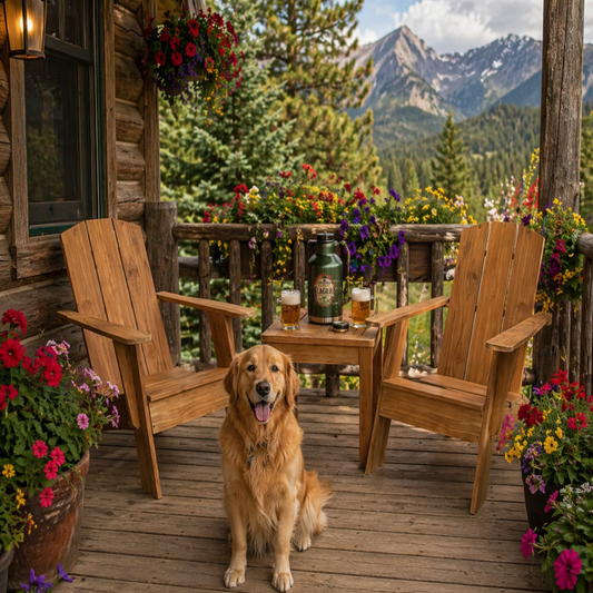 Dog sitting on a wooden deck with Adirondack chairs, flowers, and a scenic mountain view.