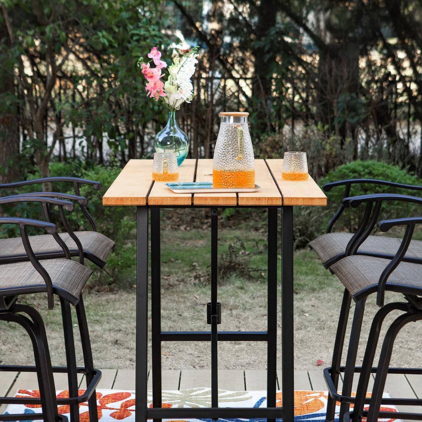 Black 5-Piece Metal Rectangle Outdoor Patio Bar Set with Wood-Look Bar Table and Padded Swivel Bistro Chairs