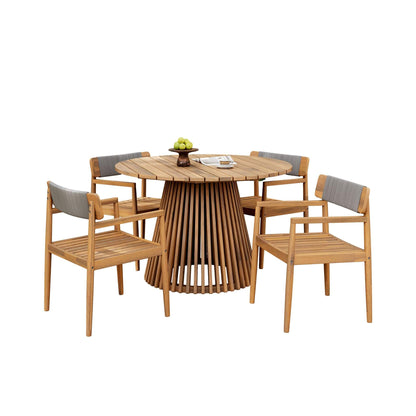 Wooden outdoor table with four matching chairs on a white background