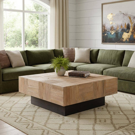 Living room with green sectional sofa and wooden coffee table