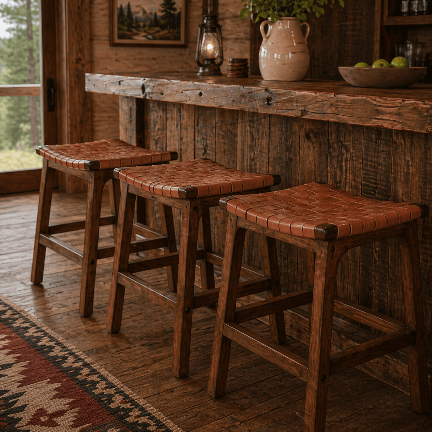 Three wooden stools with woven seats in a rustic setting.
