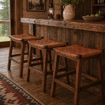 Three wooden stools with woven seats in a rustic setting.