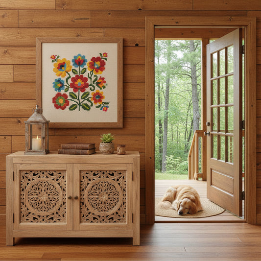 A light natural wood sideboard cabinet with ornate carved doors, styled in a room setting with a framed floral print on the wall, a vase of flowers, and a small basket on top.