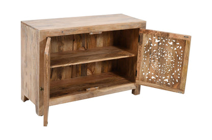Wooden cabinet with open door displaying intricate carvings on a white background