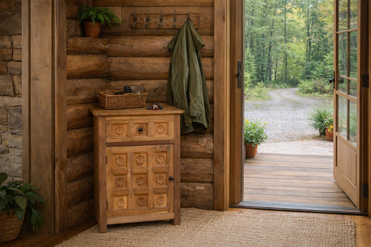 Wooden cabinet with decorative patterns in a rustic interior setting with a view of a forest.