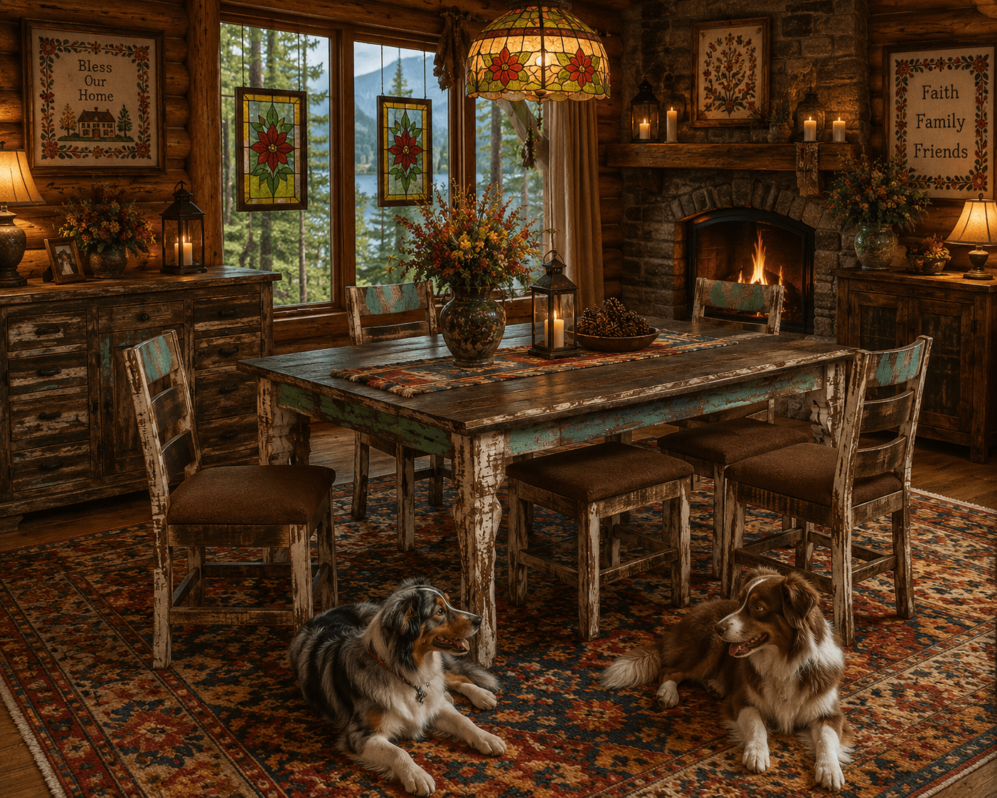 Rustic distressed wood dining table and chairs in a cozy log cabin dining room with stone fireplace, stained glass, colorful rug, mountain views, and two Australian Shepherds.