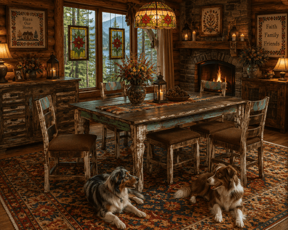 Rustic distressed wood dining table and chairs in a cozy log cabin dining room with stone fireplace, stained glass, colorful rug, mountain views, and two Australian Shepherds.