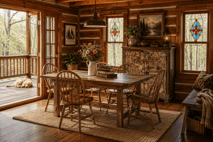A rustic wooden dining room scene with a rectangular wooden table and four spindle-back chairs on a woven rug, set in a log cabin with stained glass windows, a dog on the porch, and a bench with a throw blanket.
