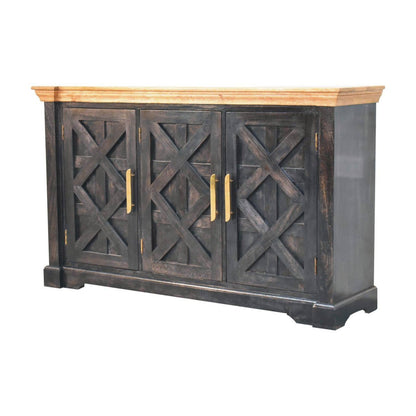 Dark wood sideboard with a light wood top on a white background