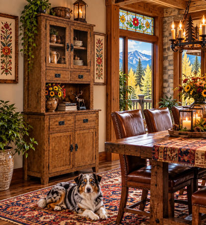 Rustic solid wood dining hutch in a cozy cabin dining room with stained glass windows, cross-stitch wall art, colorful rug, mountain forest views, and a blue merle Australian Shepherd.
