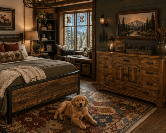 Rustic wood dresser in a cozy cabin bedroom with mountain views, stained glass windows, colorful Southwestern rug, warm lighting, and a golden retriever puppy.