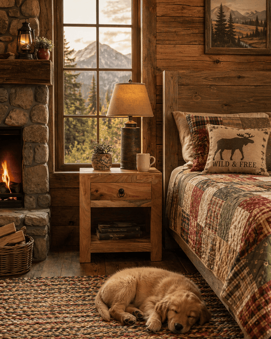 Cozy bedroom with stone fireplace, wooden nightstand, and dog sleeping on the floor.