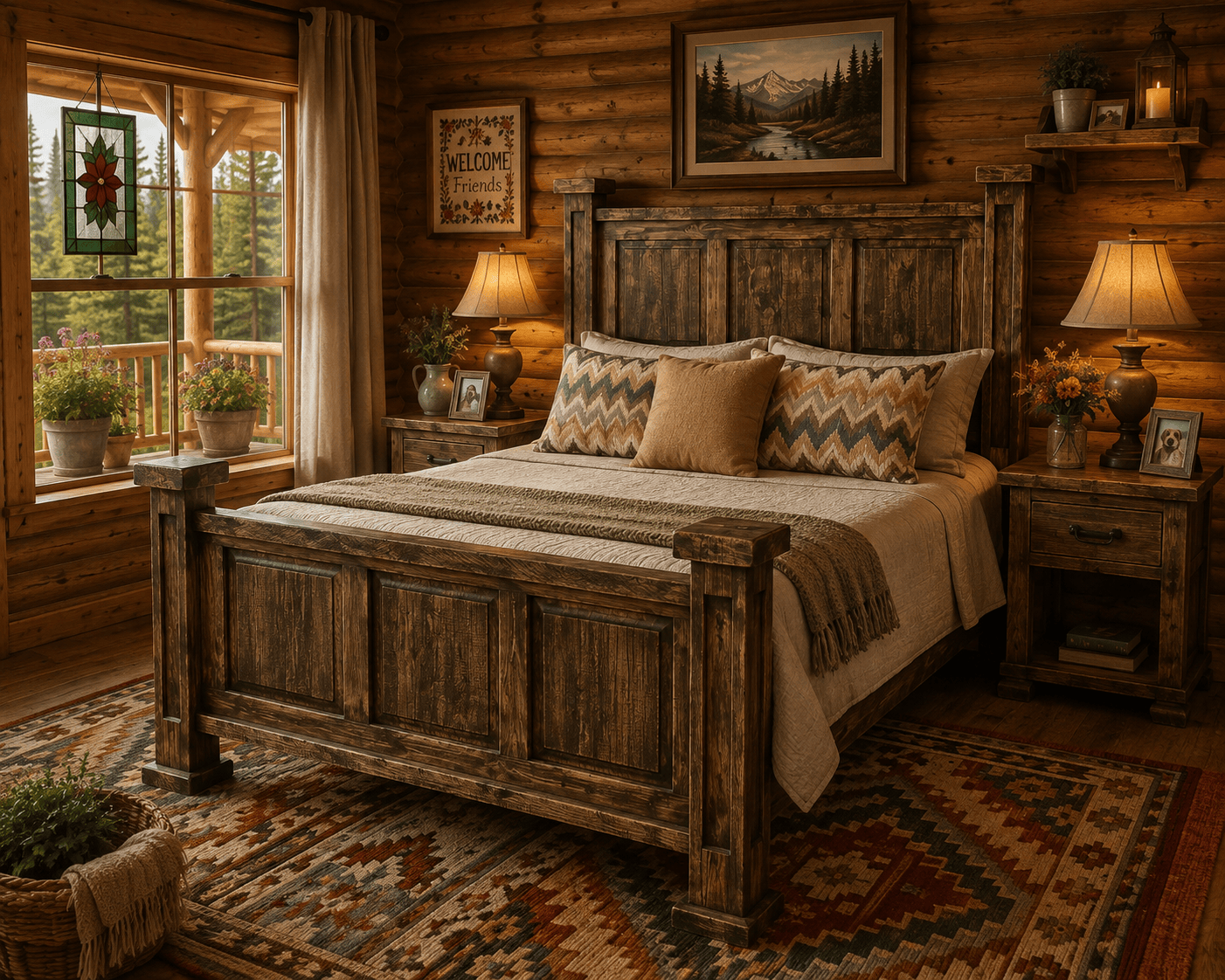 Rustic solid wood bed in a cozy log cabin bedroom with neutral bedding, colorful Southwestern rug, stained glass, cross-stitch wall art, mountain views, and potted flowers.