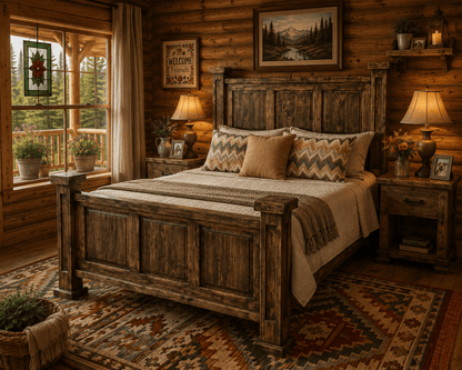Rustic solid wood bed in a cozy log cabin bedroom with neutral bedding, colorful Southwestern rug, stained glass, cross-stitch wall art, mountain views, and potted flowers.