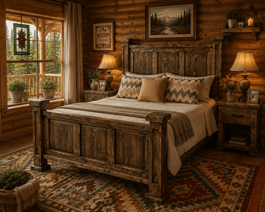 Rustic solid wood bed in a cozy log cabin bedroom with neutral bedding, colorful Southwestern rug, stained glass, cross-stitch wall art, mountain views, and potted flowers.