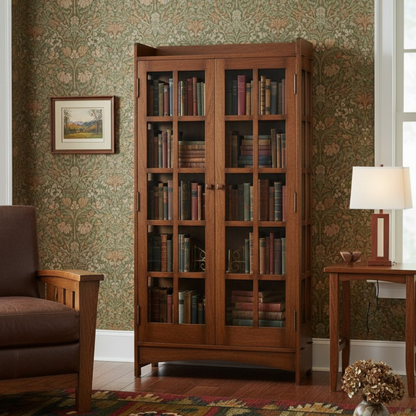 A tall wooden bookcase with two glass-paneled doors and multiple shelves of books, placed in a styled room with patterned wallpaper, a side table and lamp, and part of an armchair visible.