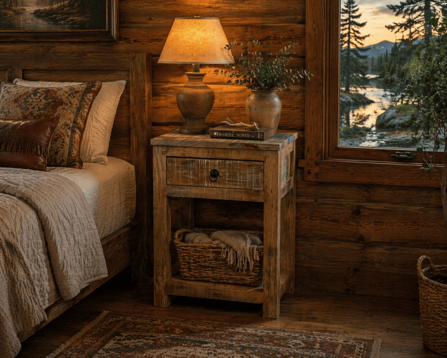 Cozy bedroom with wooden furniture, lamp, and scenic window view.