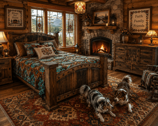 Rustic wood bed with turquoise Southwestern bedding in a cozy log cabin bedroom featuring a stone fireplace, stained glass, mountain views, colorful rug, and two Australian Shepherds.