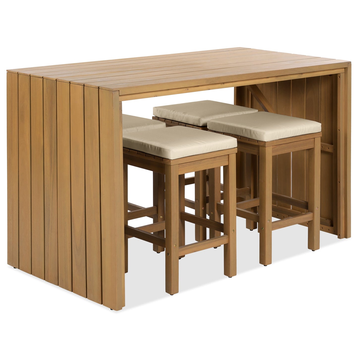 5-Piece Acacia Wood Outdoor Bar Set with Cushions