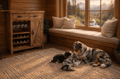 Two dogs and a puppy on a rug in a cozy room with wooden furniture and large windows.