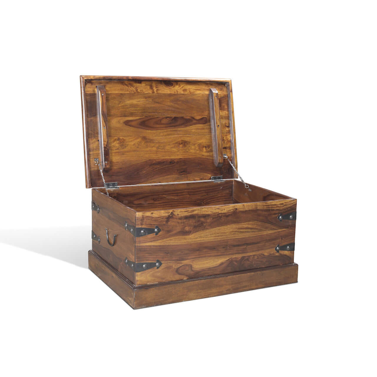 Solid Sheesham Wood Trunk Coffee Table with open lid showcasing inside storage.