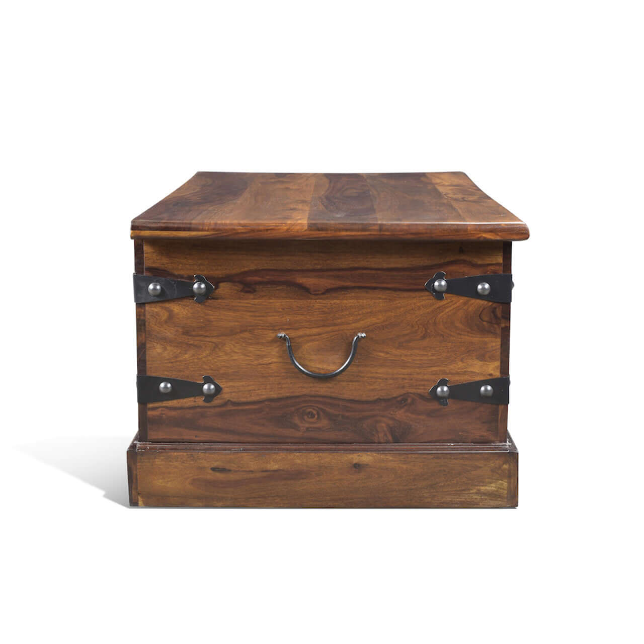Solid Sheesham Wood trunk coffee table with metal accents, showcasing its rich wood grain and handcrafted design.