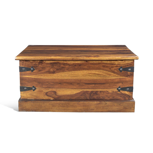 Solid Sheesham Wood Trunk Coffee Table with decorative metal accents and rich wood grain finish.