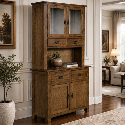 A rustic brown wooden hutch cabinet with glass-front upper doors, two drawers, a shelf, and lower cabinet doors, styled in a traditional living room setting.