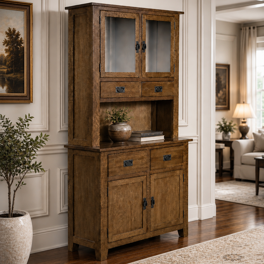 A rustic brown wooden hutch cabinet with glass-front upper doors, two drawers, a shelf, and lower cabinet doors, styled in a traditional living room setting.