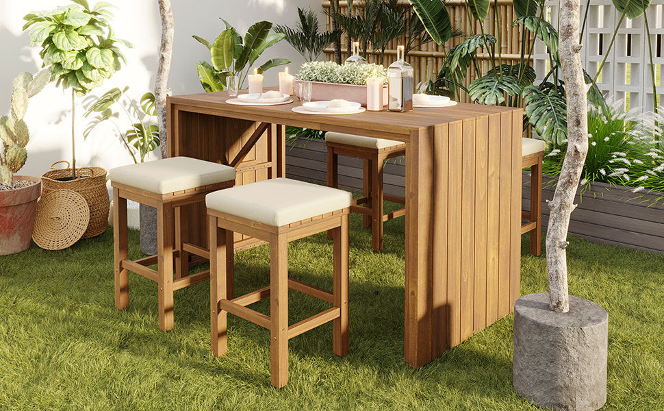 5-Piece Acacia Wood Outdoor Bar Set with Cushions