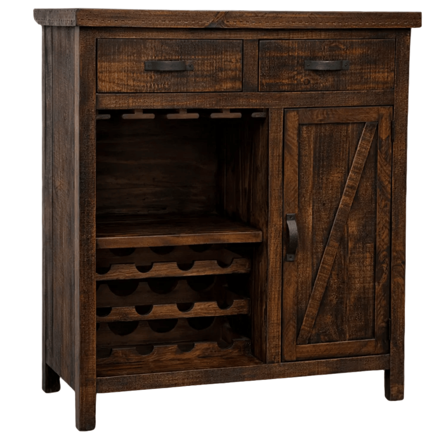 Wooden wine cabinet with a rustic design on a white background