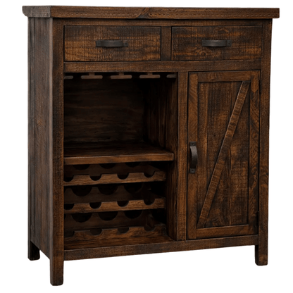 Wooden wine cabinet with a rustic design on a white background