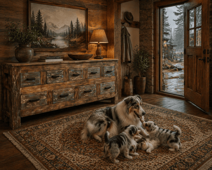 Mother dog with puppies in a rustic cabin setting