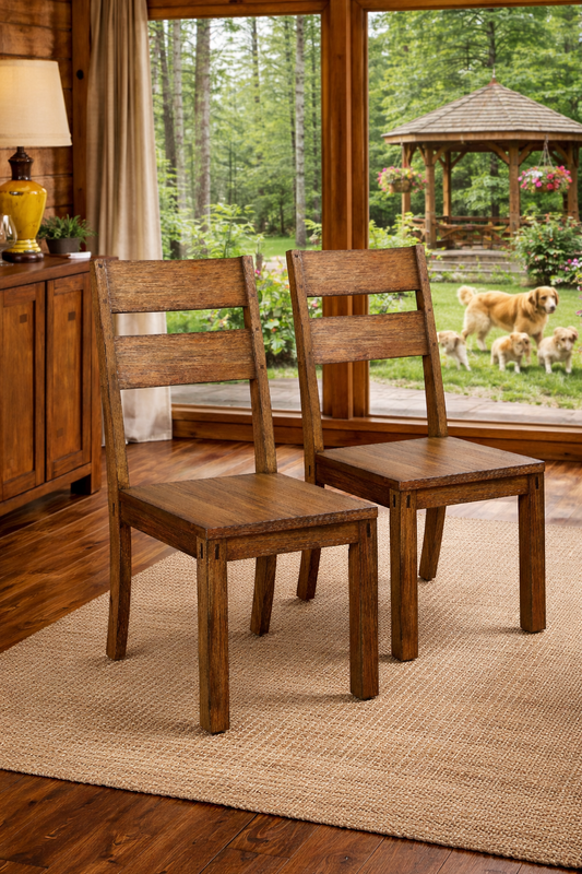 Two wooden chairs in a room with a view of a garden with animals and a gazebo.