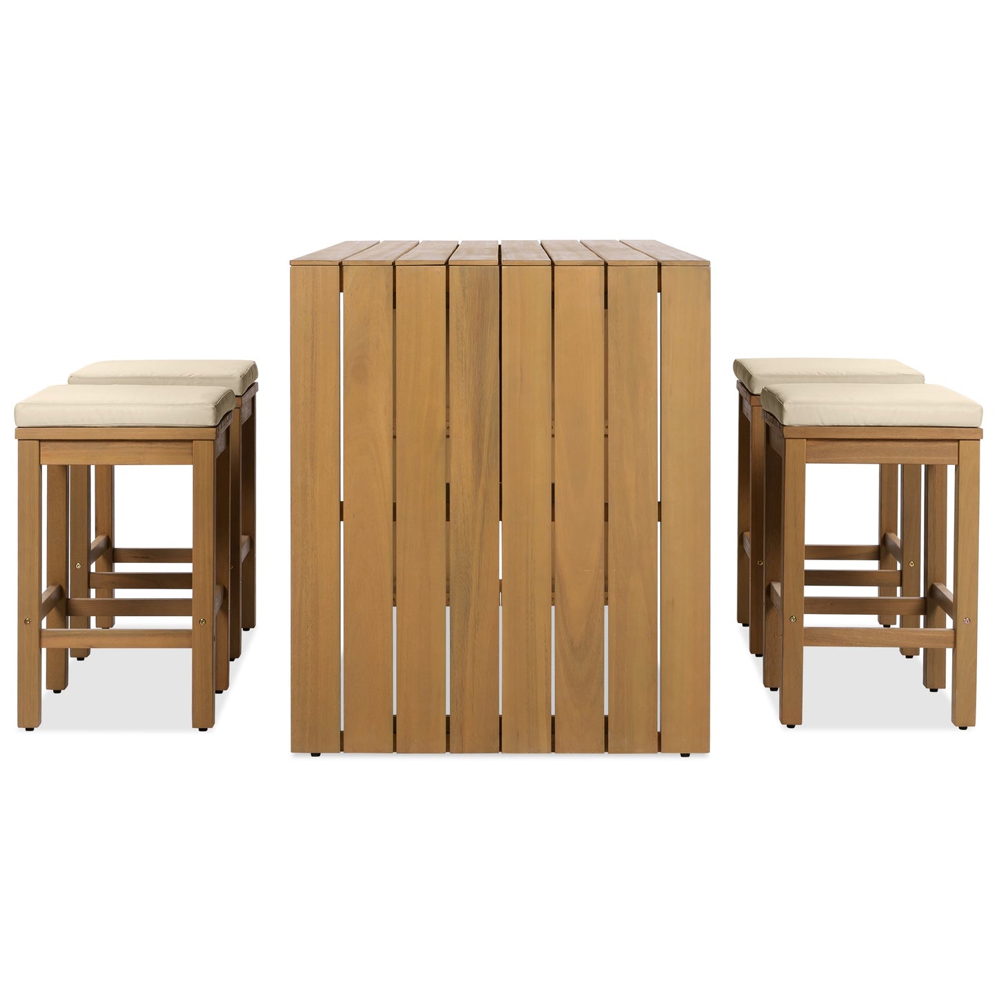5-Piece Acacia Wood Outdoor Bar Set with Cushions